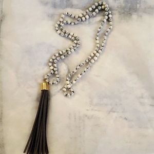 NEW Long Bohemian Mala Beaded Necklace with Leather Tassel Pendant